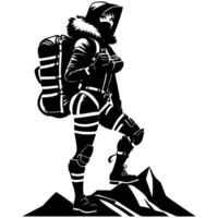 Sketchy sport emblem of charming tourist sportswoman with backpack on her shoulders on top of the mountain in monochrome. Engraving minimalistic image in black ink drawing on white background vector