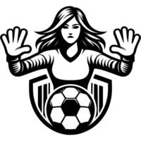 Sport emblem of female goalkeeper soccer teams put her hands forward ready to block ball in monochrome. Engraving minimalistic image in black ink drawing on white background vector
