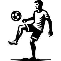 Tattoo emblem of football player on a beach soccer team receives a pass with his bare foot in monochrome. Engraving minimalistic image in black ink drawing on white background vector