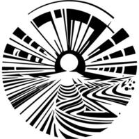 Sketchy engraving emblem of abstract of setting sun behind horizon in reflection of surface of sea waves in monochrome. Engraving minimalistic image in black ink drawing on white background vector