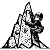Sketchy sport emblem of brave climber climbs a mountain peak in monochrome. Engraving minimalistic image in black ink drawing on white background vector