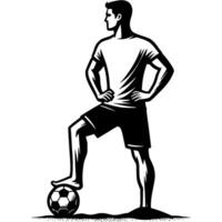 Tattoo emblem of confident beach soccer player stands tall with hands on hips and his foot on soccer ball in monochrome. Engraving minimalistic image in black ink drawing on white background vector