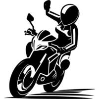Sketchy sport emblem of female motorcyclist raised her hand in victory at the finish line in monochrome. Engraving minimalistic image in black ink drawing on white background vector