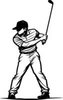 Sketchy sport emblem of golfer takes a swing at a club in monochrome. Engraving minimalistic image in black ink drawing on white background vector