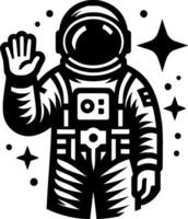 Sketchy cosmic emblem of astronaut greets extraterrestrial intelligence in monochrome. Engraving minimalistic image in black ink drawing on white background vector