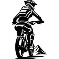 Sketchy sport emblem of professional mountain biker prepares to conquer the mountain track at the start in monochrome. Engraving minimalistic image in black ink drawing on white background vector