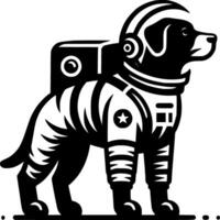 Sketchy cosmic emblem of astronaut dog dressed in space suit ready to fly in monochrome. Engraving minimalistic image in black ink drawing on white background vector