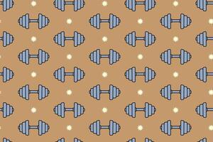 Dumbbell with weight plate seamless pattern on tan background. dumbbell with star colorful pattern background. Dumbbell isolated motif wallpaper. Fitness, gym, weightlifting packaging and merchandise vector