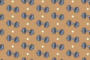 Dumbbell with dot seamless pattern on tan background. Dumbbell colorful doodle cartoon pattern background. Dumbbell isolated motif wallpaper. Fitness, gym, weightlifting packaging and merchandise vector
