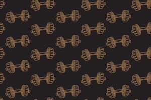 Dumbbell line art seamless pattern on black background. Dumbbell rounded engraving doodle pattern background. Weight cast iron hatching motif wallpaper. Fitness, gym, weightlifting merchandise vector