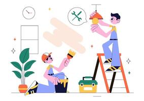 Flat Cartoon Showing House Renovation with Construction and Painting Team vector