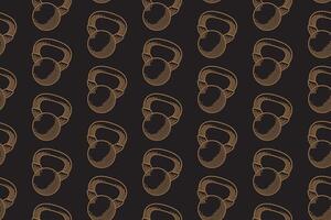 Kettlebell line art seamless pattern on black background. Iron ball with handle engraving doodle pattern background. Power bell hatching motif wallpaper. Fitness, gym, weightlifting merchandise vector