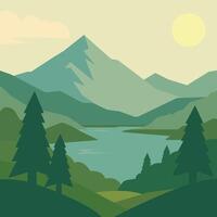 Flat Design Mountain Landscape with River and Pine Trees vector
