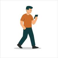 Flat Design Illustration of Man Walking While Using Smartphone vector