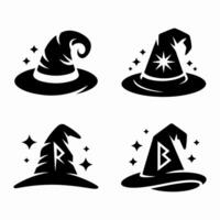 Four unique witch hat designs with magical elements vector