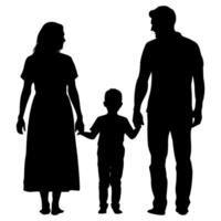 A family silhouette featuring a mother, father, and child holding hands conveys connection and togetherness in a simple black shape, perfect for family themed designs. vector