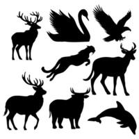Various animal silhouettes in black are arranged on a white background creating a diverse wildlife scene ideal for logo designs, graphic elements, and nature themed illustrations. vector