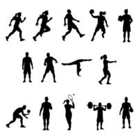 Black silhouette figures performing various sports activities against a transparent background create a sense of movement and energy, ideal for designs related to fitness or health. vector