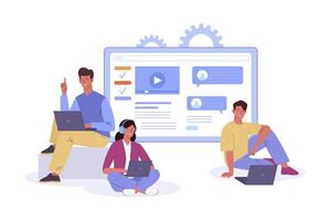 Young people sitting in difference pose using laptop for work or study. Concept of online distance education, E-learning by webinar training, lecture. Flat cartoon illustration vector