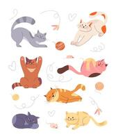 Cats playing with toys and ball of yarn, sleeping, stretching, sitting, lying, relaxing. Cute purebred kittens in different poses. Pet animals funny set isolated on white background vector