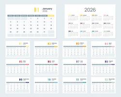 2026 calendar set with clean monthly layouts, weekday labels, corporate design template. Desk calendar 2026 vector
