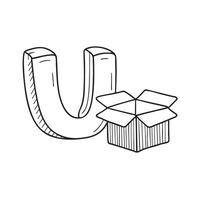 An Illustration of letter U next to Unbox package vector