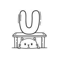 An Illustration of letter U next to cat hide beneath the table vector