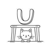 An Illustration of letter U next to cat hide under the table vector