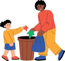 A flat style illustration showing a kid collecting trash with mother vector