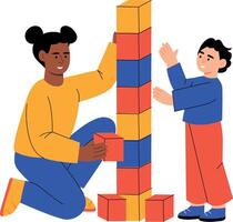 A flat style illustration showing a child building blocks vector
