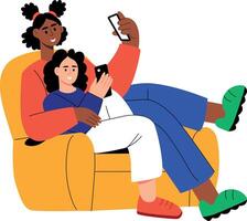 A flat style illustration showing siblings using phone vector