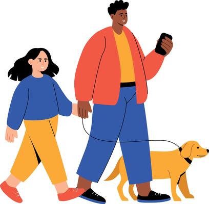 A flat style illustration showing walking dog