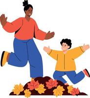 A flat style illustration showing kid enjoying jumping leaves vector
