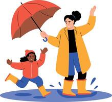 A flat style illustration showing kid splashing puddle vector