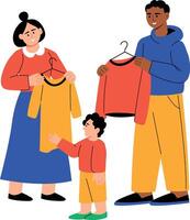 A flat style illustration showing parents choosing clothes for kid vector