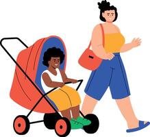 A flat style illustration showing a person strolling with kid vector