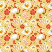 Seamless Pattern with Fried Eggs and sausage and tomatoes in a frying pan. Healthy Breakfast pattern vector