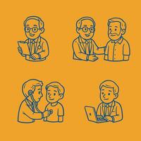 Hand drawn doctor character ouline bundle, reading, with patient, check up, on laptop vector