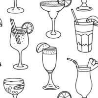 Cocktails graphic Seamless pattern. Aperol Spritz, Margarita, Bellini, Pina Colada and Tequila Sunrise. Hand drawn illustration in Doodle style. For restaurant menus and graphic design projects vector
