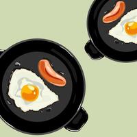 Fried egg with sausage ia a fryer pan. Healthy breakfast concept background vector