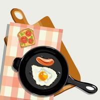 Fried eggs with sausage ia a fryer pan on the cutting board and tablcloth with toast with tomatoes and greens. Healthy breakfast concept background vector