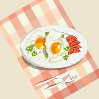 Fried eggs with greens and tomatoes on the plate and tablcloth Healthy breakfast concept background vector