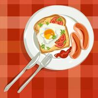 Fried eggs with greens and tomatoes on the plate and tablcloth. Healthy breakfast concept background vector