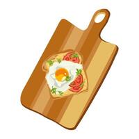 Fried eggs on a toast with sgreens and tomatoes on the cutting board. Healthy breakfast concept background vector