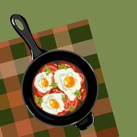 Fried egg with tomatoes and greens ia a fryer pan on the tablecloth. Shakshuka. Healthy breakfast concept background vector