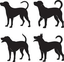 Four Black Dog Silhouettes Standing Profile Views Canine Breed Set Graphic Design Element vector