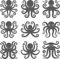 Twelve Gray Octopus Silhouettes with Swirling Tentacles on White Background Collection of stylized cephalopod icons vector