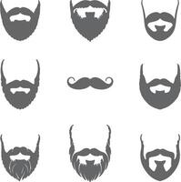Nine Gray Beard and Mustache Silhouettes Collection Various Styles Men Facial Hair Icons Set Grey Color Isolated on White Background vector