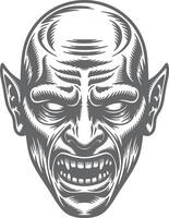 Grey Scale Silhouette Illustration of a Grotesque Monster Face with Pointed Ears and Fangs Showing a Grimace vector