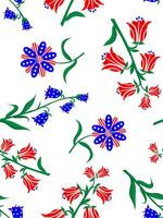 seamless pattern with abstract flowers and bells in usa flag colors for fourth of july celebration on white background vector